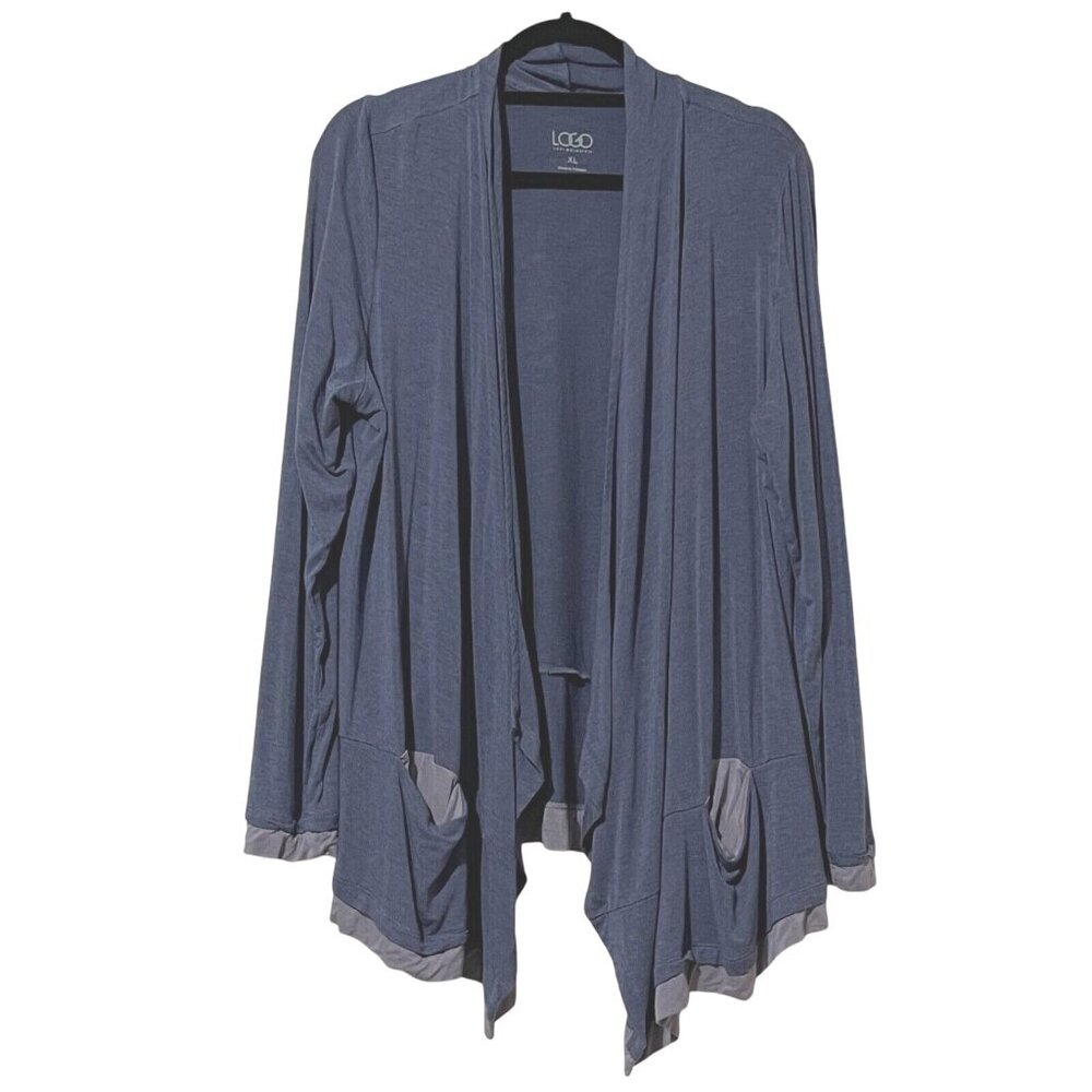 Logo Lori Goldstein Womens Cardigan Size XL Rayon & Spandex Blue With Pockets